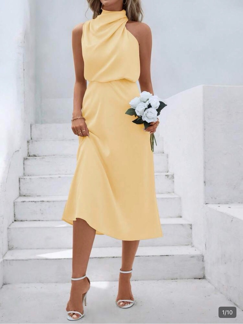 SHEIN Pale Yellow Draped High-Neck Midi Dress